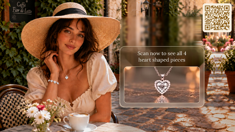 Woman in a sun hat at a Provence café wearing a heart pendant necklace and heart bracelet from the Heart Shaped Symphony collection