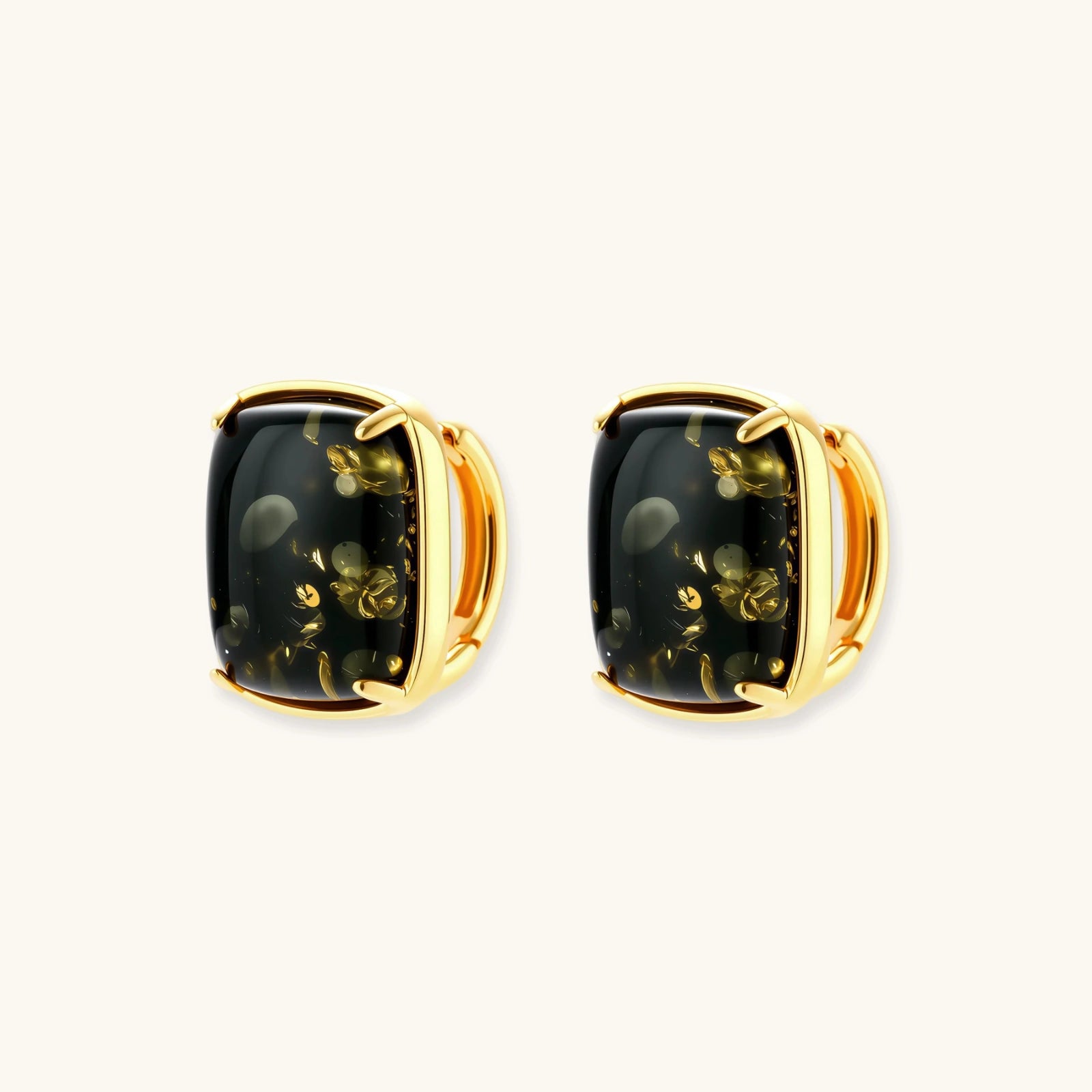 Elegant cushion-cut green amber earrings with golden inclusions in 18K gold-plated sterling silver settings.